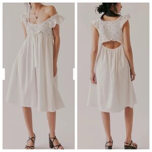 For Love & Lemons Birdie Bow Smocked Midi Cotton Dress Size Medium NWT